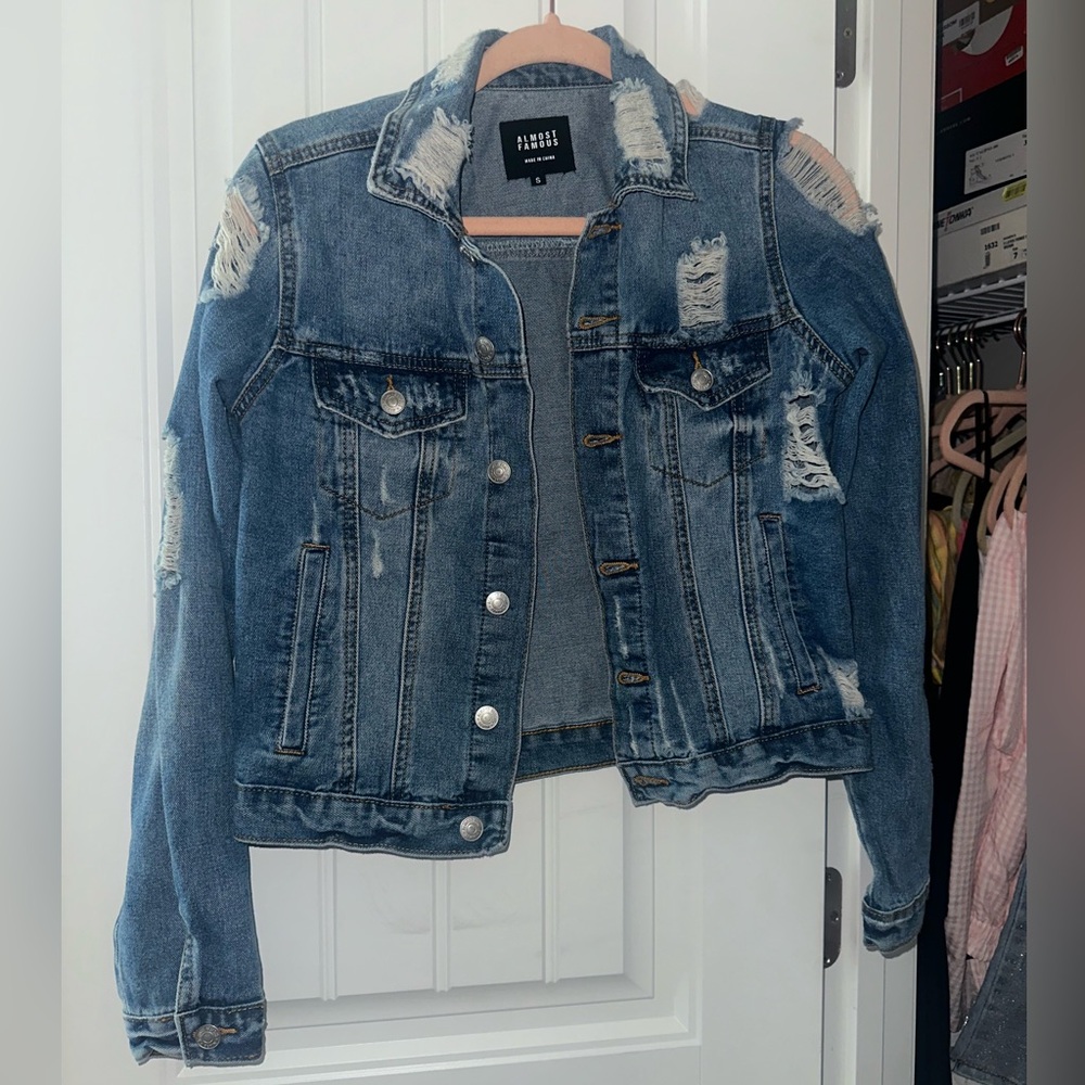 Blue Distressed Denim Jacket by Almost Famous
